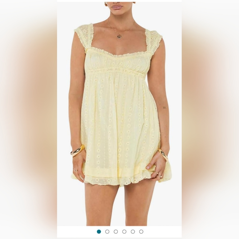 Women's Pastel Yellow, Embroidery Floral, Mini Dress
